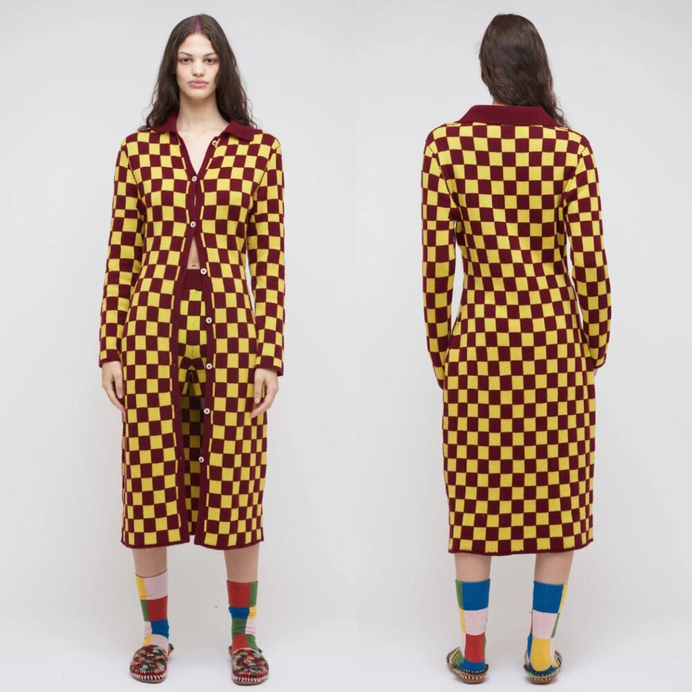 The Elder Statesman | Cabernet Yellow Checkered Cashmere Knit Cardigan Dress S